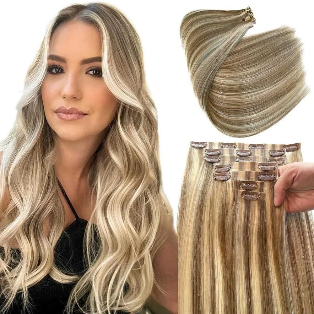 Seamless Clip in Hair Extensions Human Hair Blonde Balayage 18 Inch